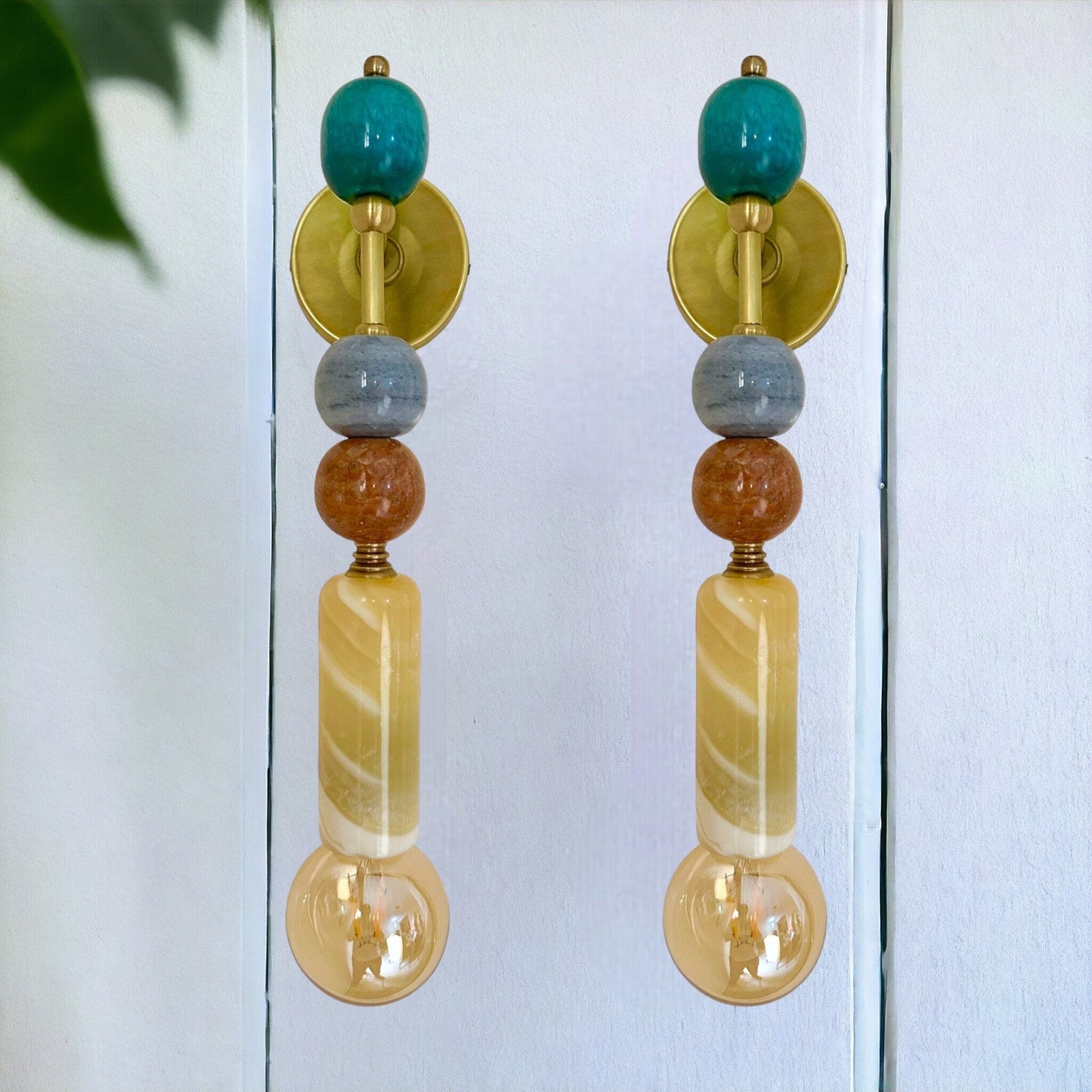 Set of Two Handmade Brass finish sconce lighting with Marble Gemstones