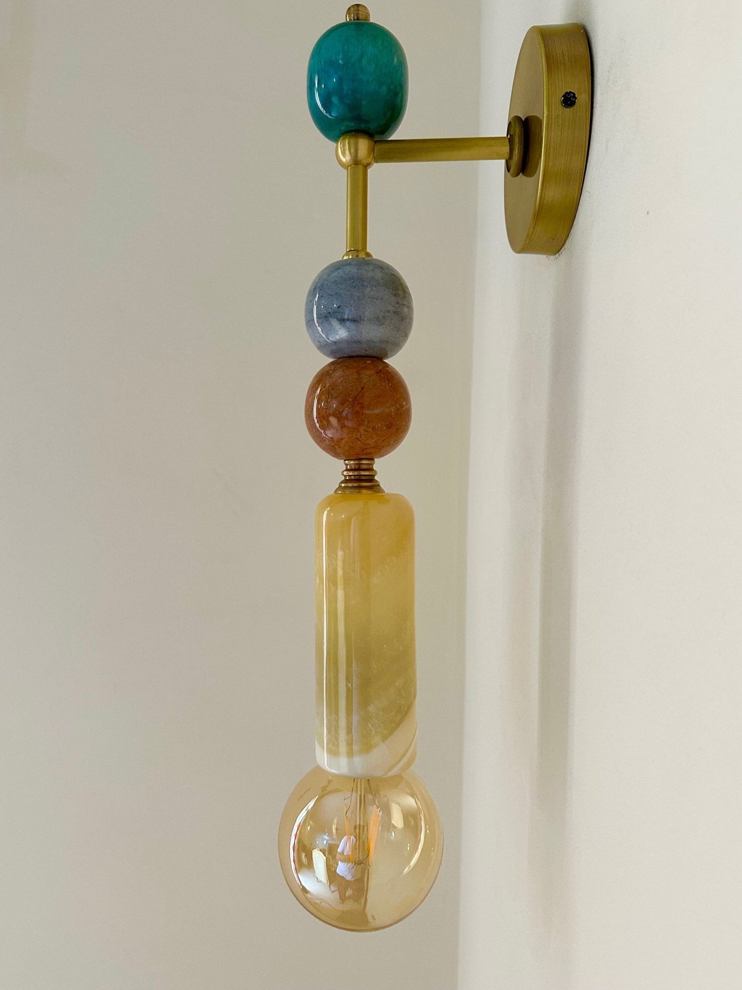 Set of Two Handmade Brass finish sconce lighting with Marble Gemstones