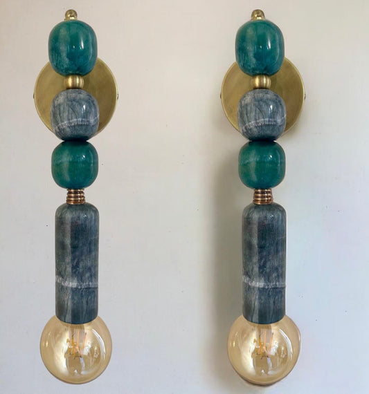 Set of Two Handmade Brass finish sconce lighting with Marble Gemstones | Les Trois Pyramides