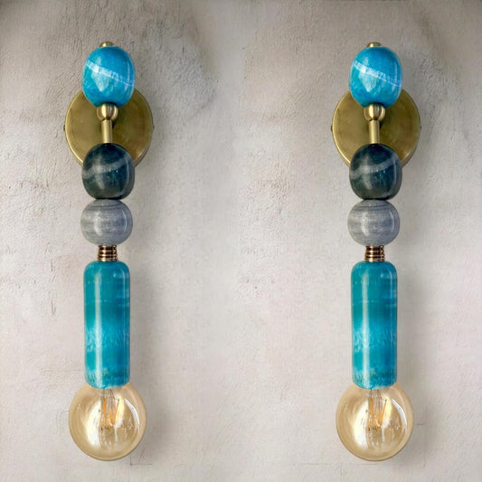 Set of Two Handmade Brass finish sconce lighting with Turquoise and Grey Marble Gemstones | Custom made | Les Trois Pyramides