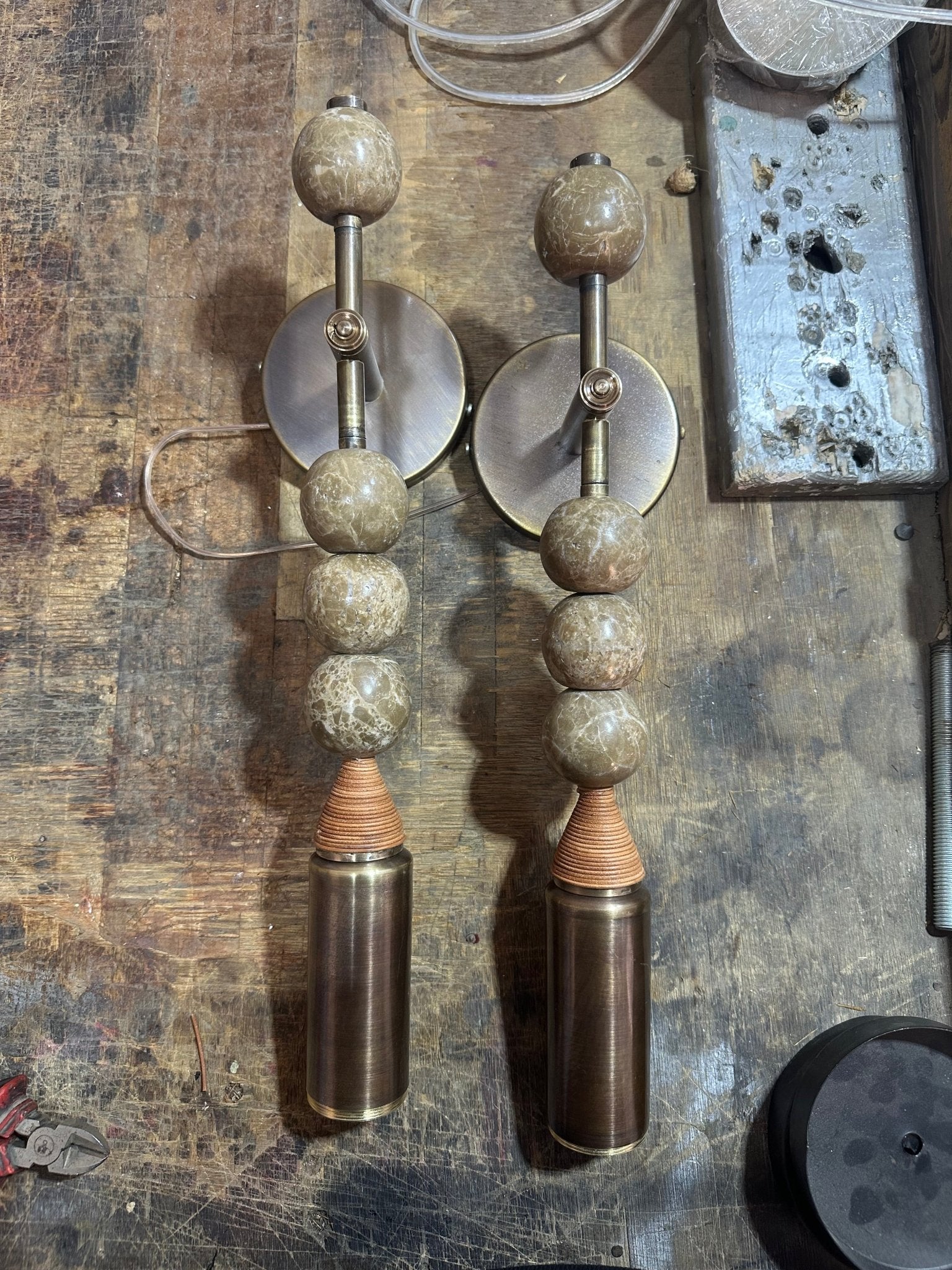 Set of Two Handmade Dark Bronze finish sconce lighting with Brown Marble Gemstones - Custom Design | Les Trois Pyramides