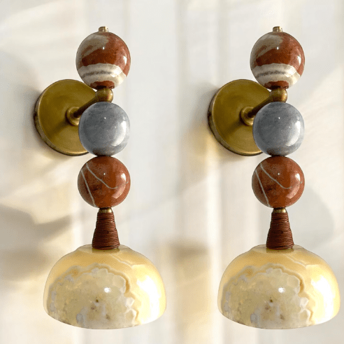 Set of Two Handmade Marble Wall Sconces - Brass & Natural Stone Wall Light
