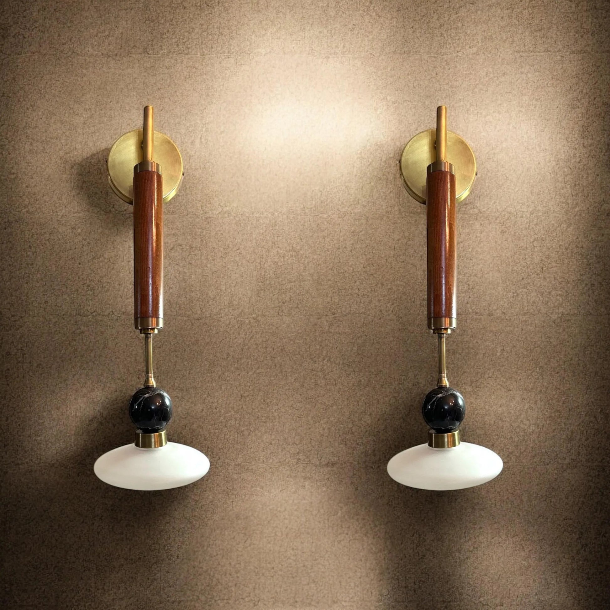 Set of Two Mid-Century Modern Wall Sconces – Brass & Wood Wall Lights | Les Trois Pyramides