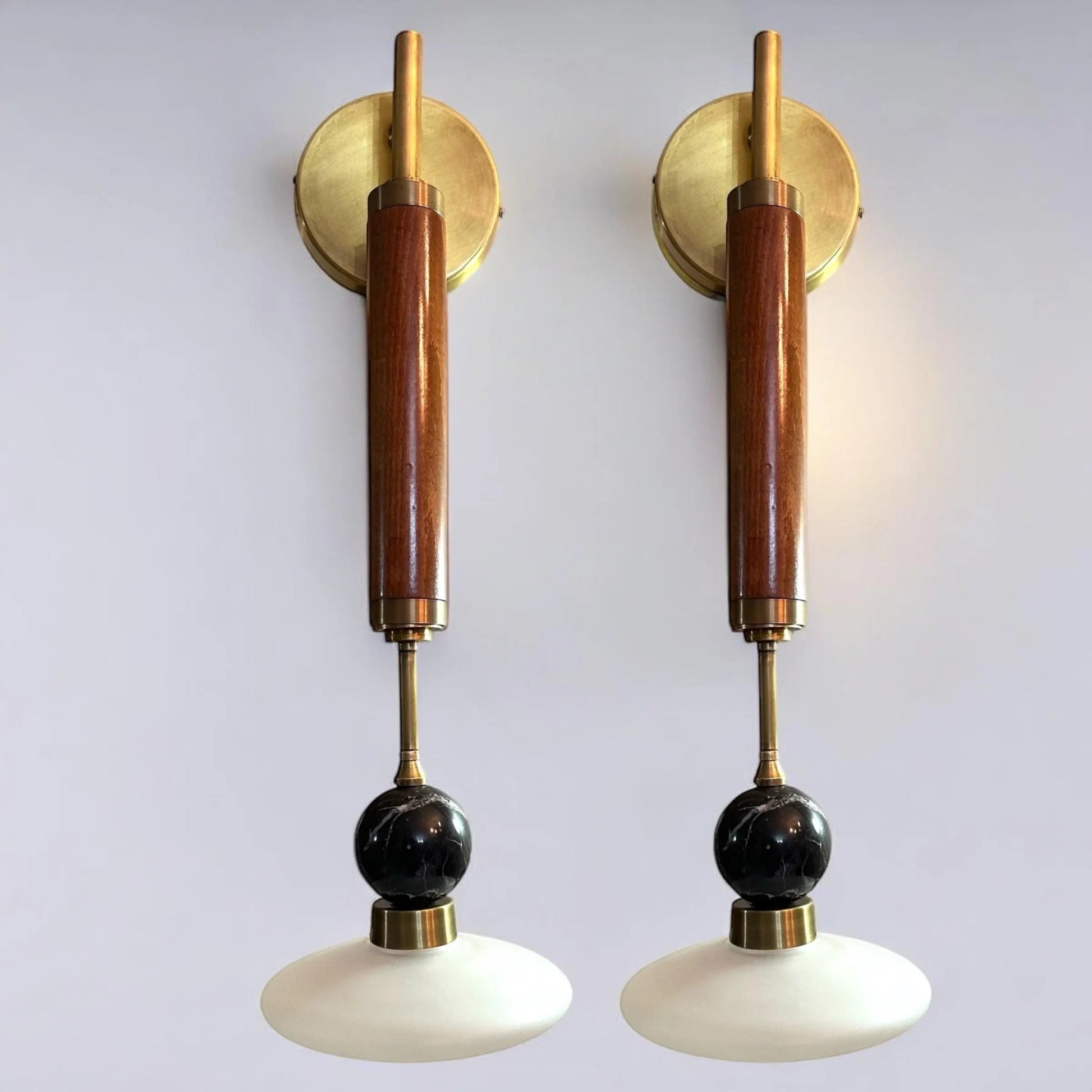 Set of Two Mid-Century Modern Wall Sconces – Brass & Wood Wall Lights | Les Trois Pyramides