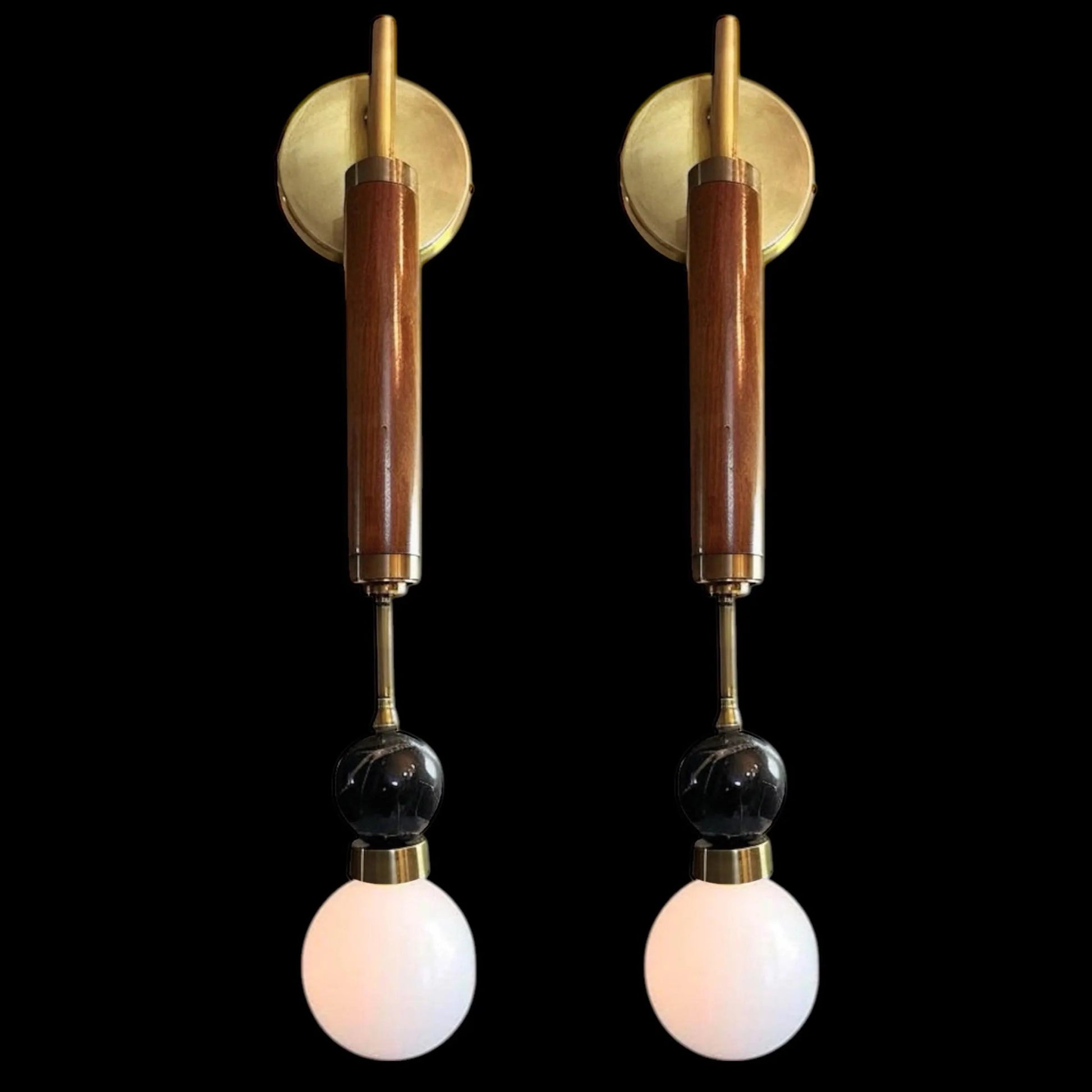 Set of Two Mid-Century Modern Wall Sconces – Brass & Wood Wall Lights | Les Trois Pyramides
