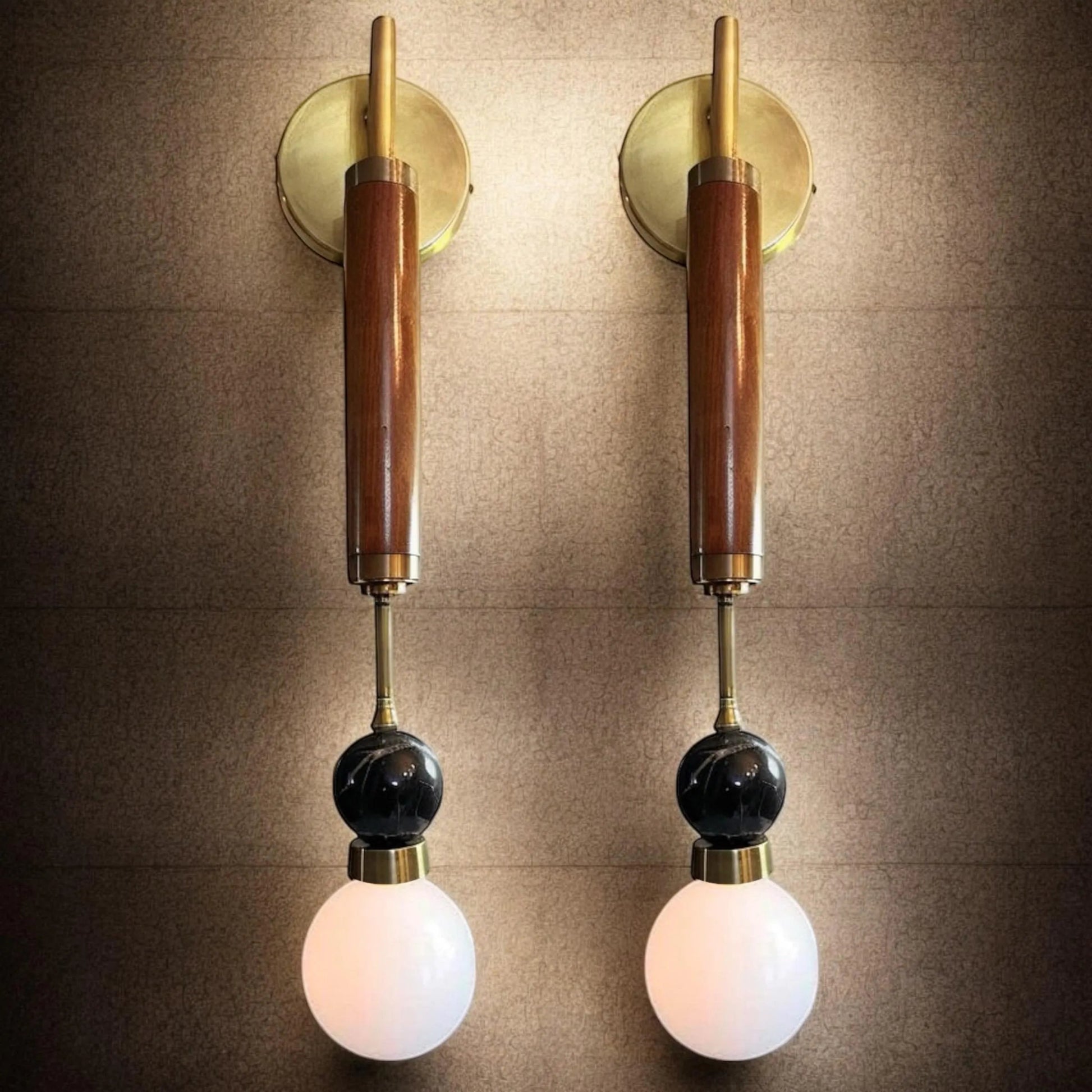 Set of Two Mid-Century Modern Wall Sconces – Brass & Wood Wall Lights | Les Trois Pyramides