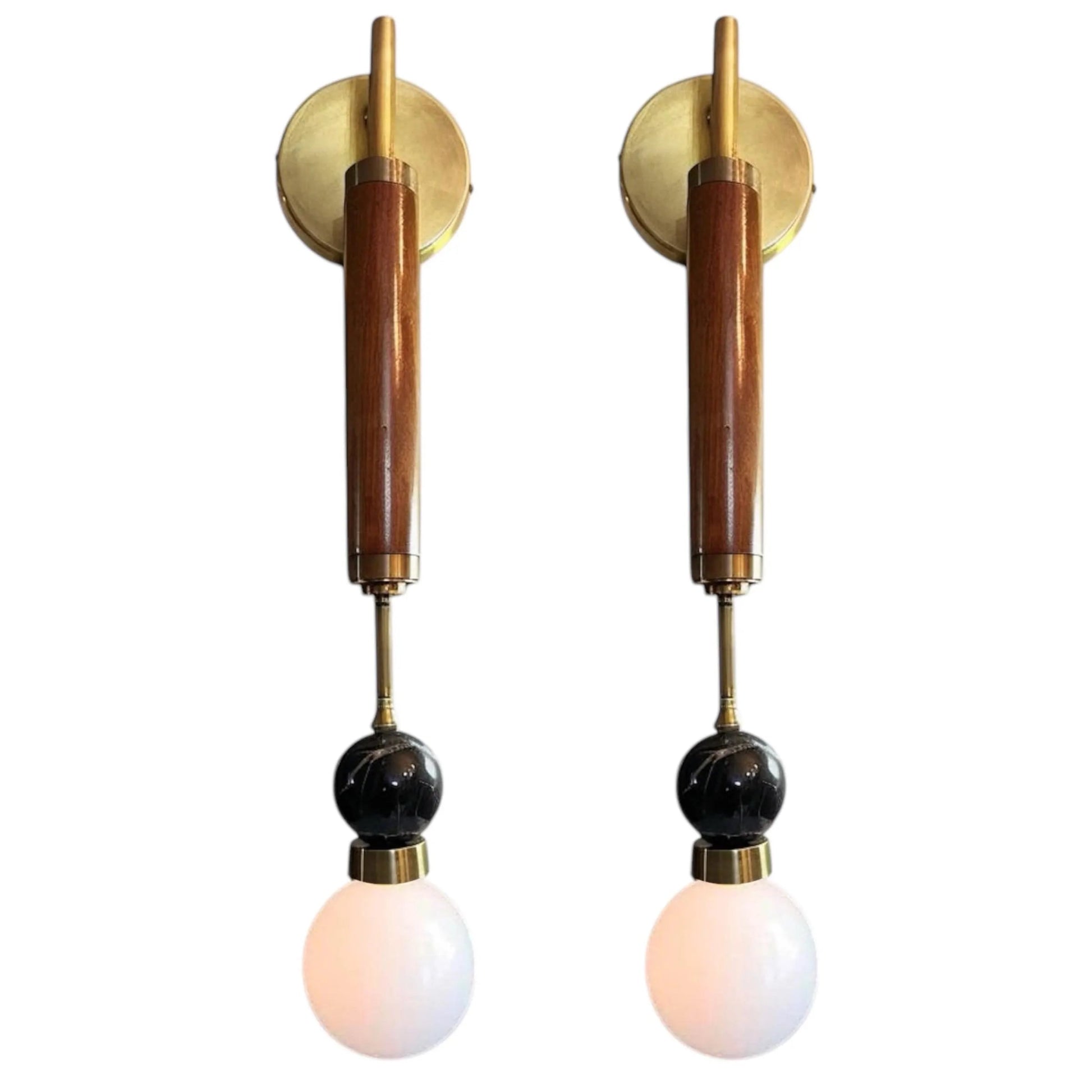 Set of Two Mid-Century Modern Wall Sconces – Brass & Wood Wall Lights | Les Trois Pyramides