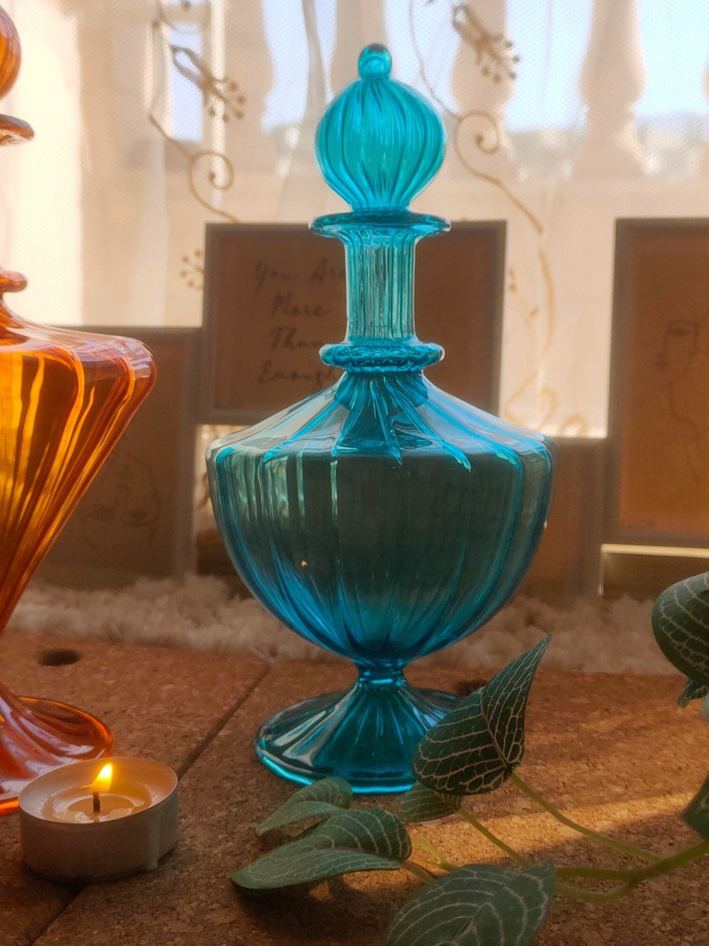 Turquoise Elegant Glass Decanter bottle | Les Trois Pyramides