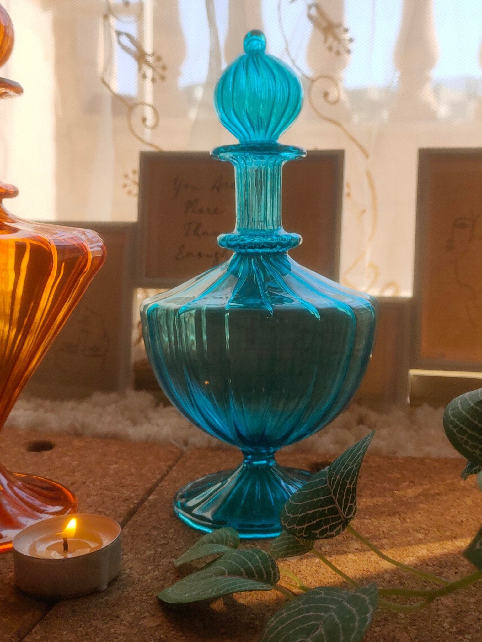 Turquoise Elegant Glass Decanter bottle | Les Trois Pyramides