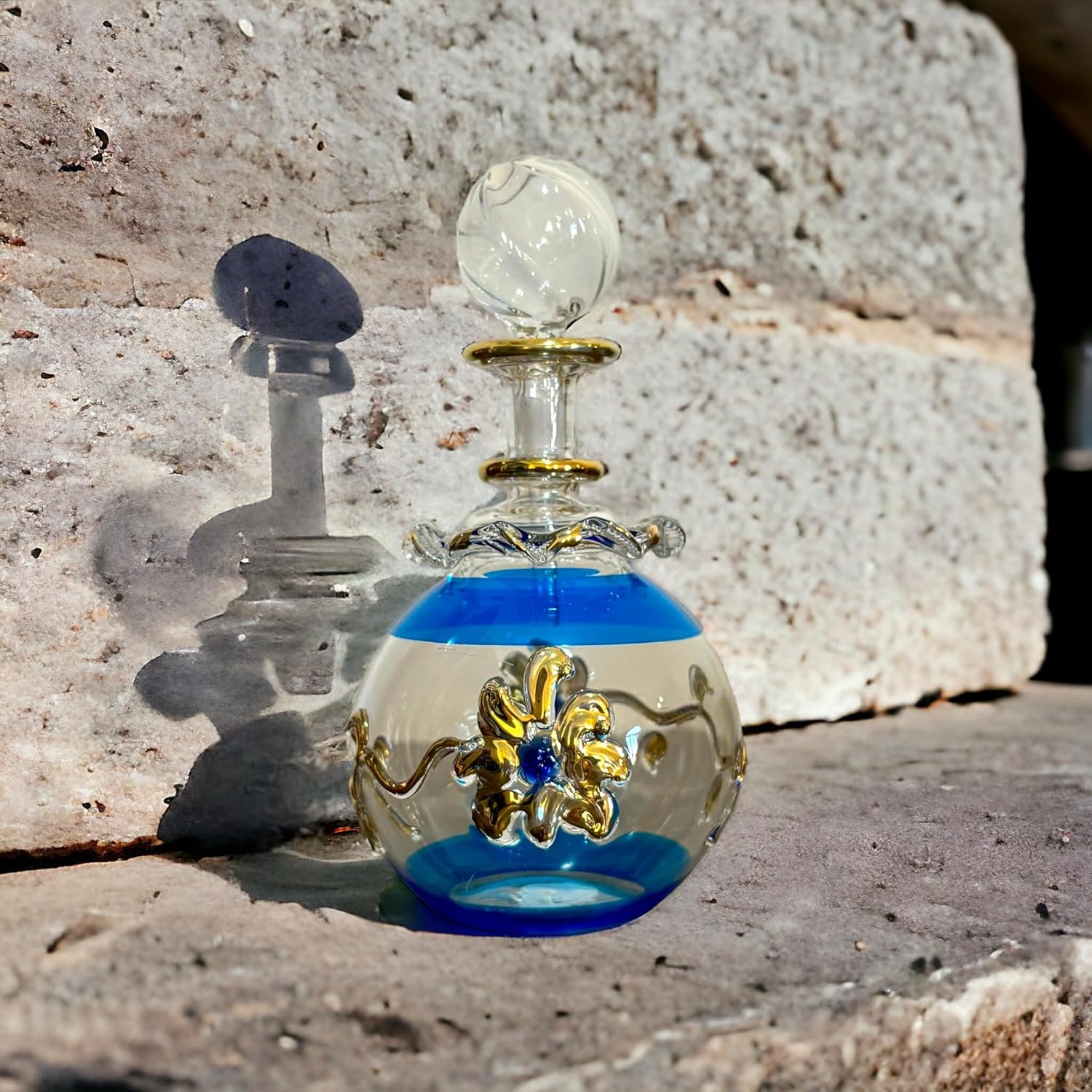 Turquoise Blown Glass perfume Bottle with 14K Gold | Les Trois Pyramides
