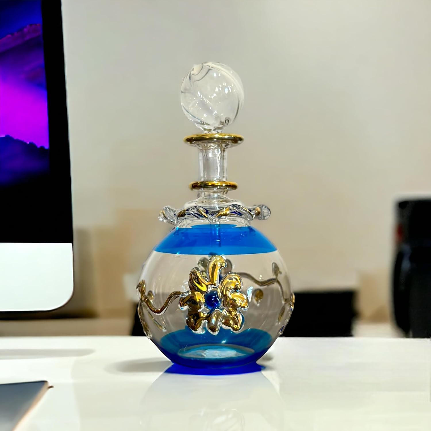 Turquoise Blown Glass perfume Bottle with 14K Gold | Les Trois Pyramides