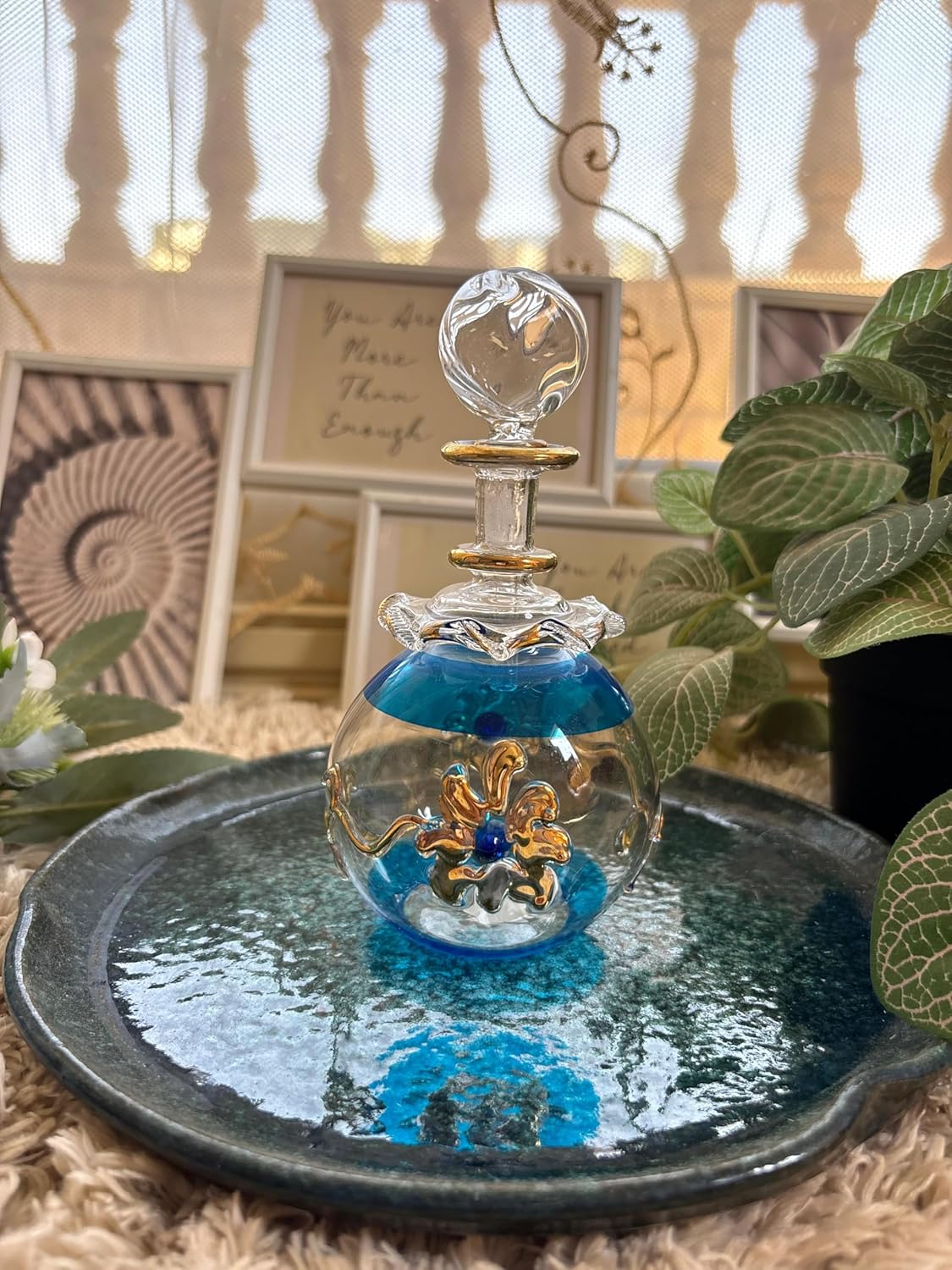Turquoise Blown Glass perfume Bottle with 14K Gold | Les Trois Pyramides