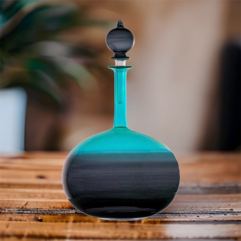 Unique Teal and Black Gradient Art Glass Decanter for Home Decor | Les Trois Pyramides