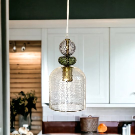 Vintage-Inspired Textured Glass Pendant Light with Decorative Green and Gold Accents | Les Trois Pyramides
