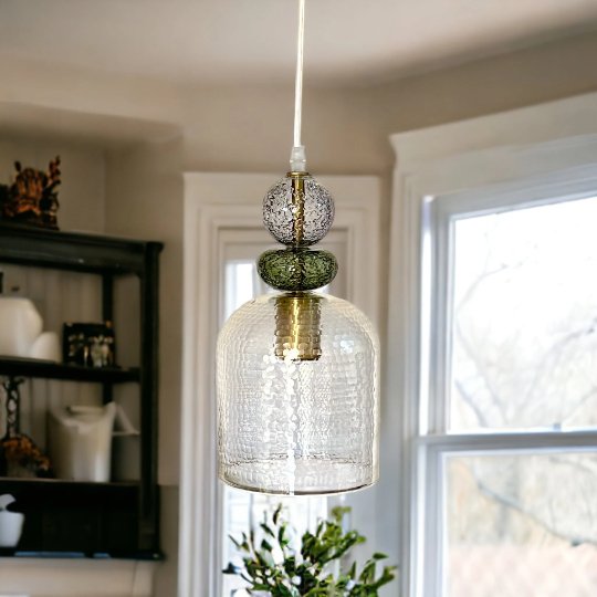 Vintage-Inspired Textured Glass Pendant Light with Decorative Green and Gold Accents | Les Trois Pyramides