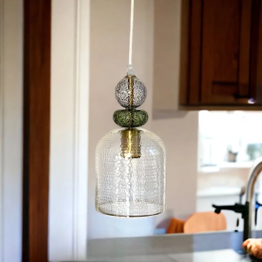 Vintage-Inspired Textured Glass Pendant Light with Decorative Green and Gold Accents | Les Trois Pyramides