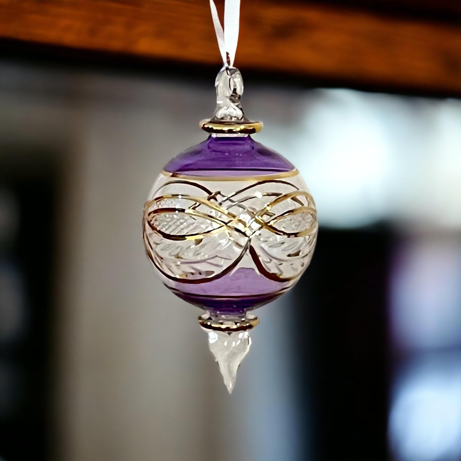 Violet Engraved Blown Glass Christmas Ornament - Les Trois Pyramides