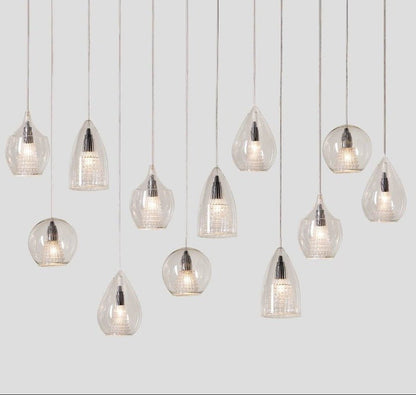 12-Pendant Cluster Light in Hand-Blown Clear Glass – Mixed Shapes, Adjustable Heights
