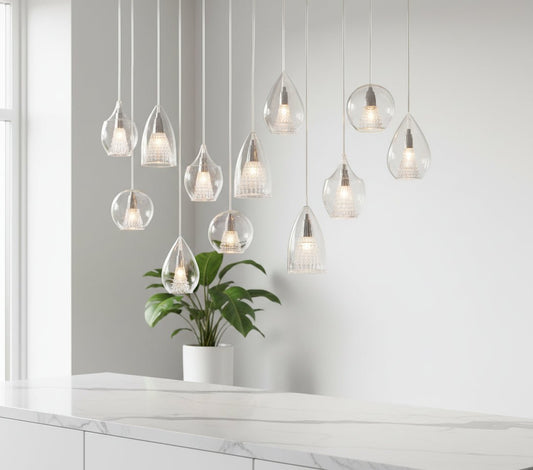 12-Pendant Cluster Light in Hand-Blown Clear Glass – Mixed Shapes, Adjustable Heights