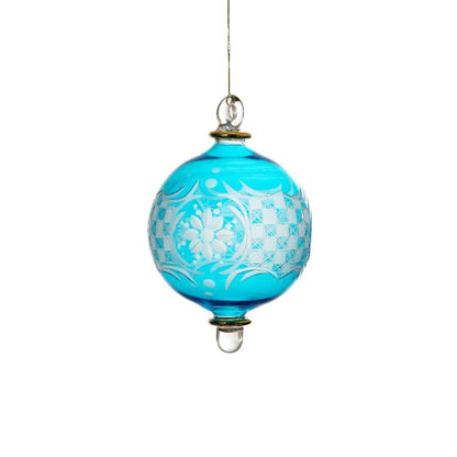 Engraved Sky-Blue Christmas Ball Tree Topper Glass Ornament - Les Trois Pyramide