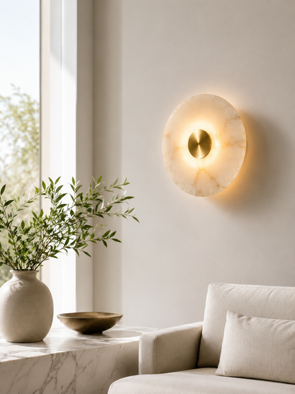 Round Alabaster Wall Sconce | Handmade Brass Disc Wall Light | Les Trois Pyramides