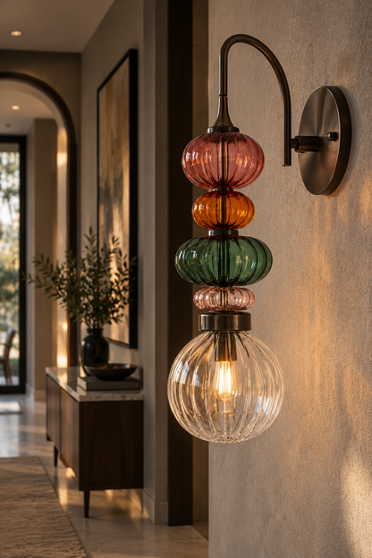 Multicolored Glass Wall Sconce - Hand Blown Ribbed Glass Wall Light