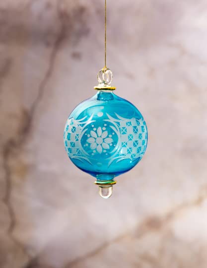 Engraved Sky-Blue Christmas Ball Tree Topper Glass Ornament - Les Trois Pyramide