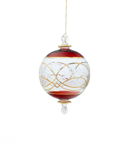 Engraved Red and Clear Glass Christmas Ornament 14 K Gold Lining - Les Trois Pyramide