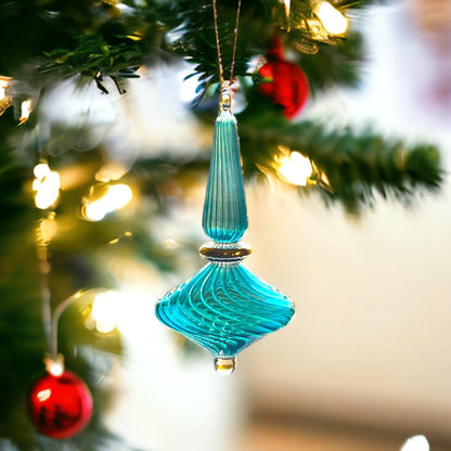 Turquoise Ribbed Tree Topper Ornament for Christmas Tree Decorations | Xmas Holiday Handmade Gift | Handblown Hand Painted Egyptian Ornament - Les Trois Pyramides