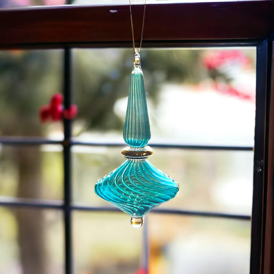 Turquoise Ribbed Tree Topper Ornament for Christmas Tree Decorations | Xmas Holiday Handmade Gift | Handblown Hand Painted Egyptian Ornament - Les Trois Pyramides