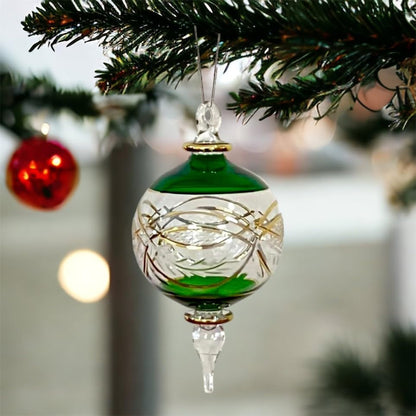Green Engraved 14 K Gold Glass Christmas Ornament for Christmas Tree Decorations - Les Trois Pyramides