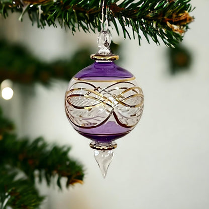 Violet Engraved Blown Glass Christmas Ornament - Les Trois Pyramides 