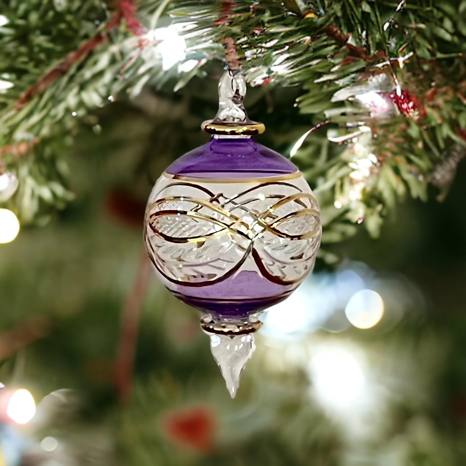 Violet Engraved Blown Glass Christmas Ornament - Les Trois Pyramides 