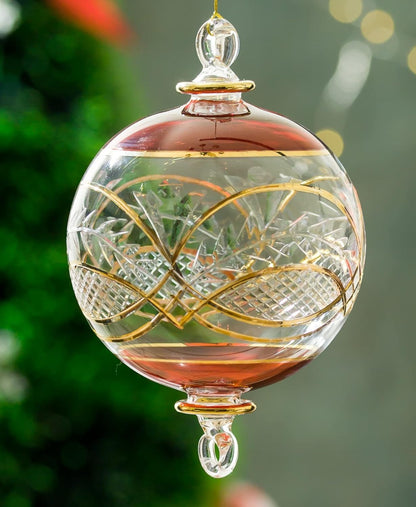 Engraved Red and Clear Glass Christmas Ornament 14 K Gold Lining - Les Trois Pyramide