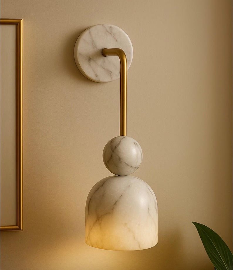 Handmade alabaster marble wall sconce with brass arm and natural stone shade 