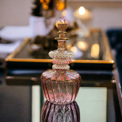 Decorative Pink Ribbed Glass Bottle with 14 K Gold lining
