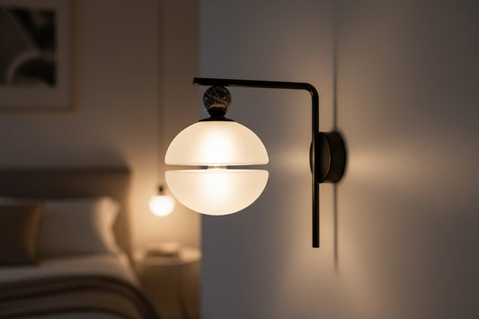 Frosted Glass Wall Light with Marble Accent – Modern Bathroom and Vanity Sconce