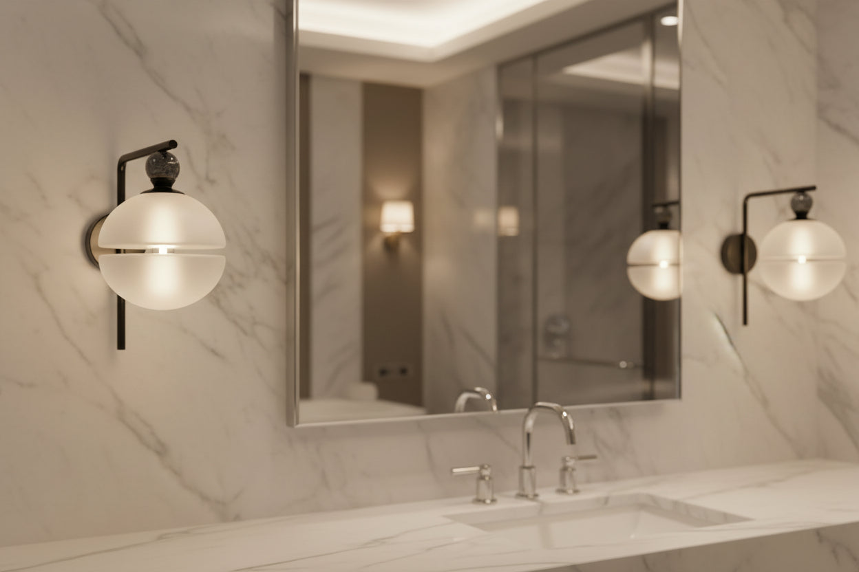 Frosted Glass Wall Light with Marble Accent – Modern Bathroom and Vanity Sconce