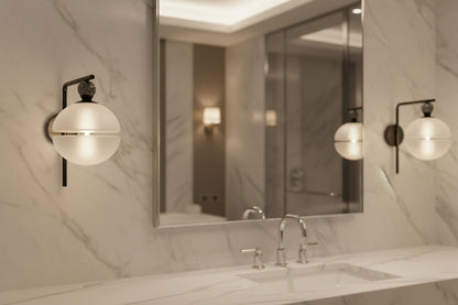 Frosted Glass Wall Light with Marble Accent – Modern Bathroom and Vanity Sconce