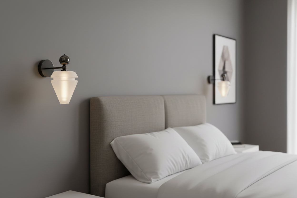 Modern Frosted Glass Wall Sconce with Black Arm – Handmade Contemporary Lighting