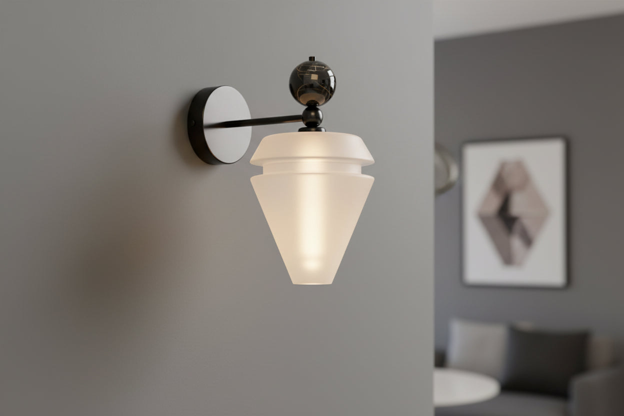 Modern Frosted Glass Wall Sconce with Black Arm – Handmade Contemporary Lighting