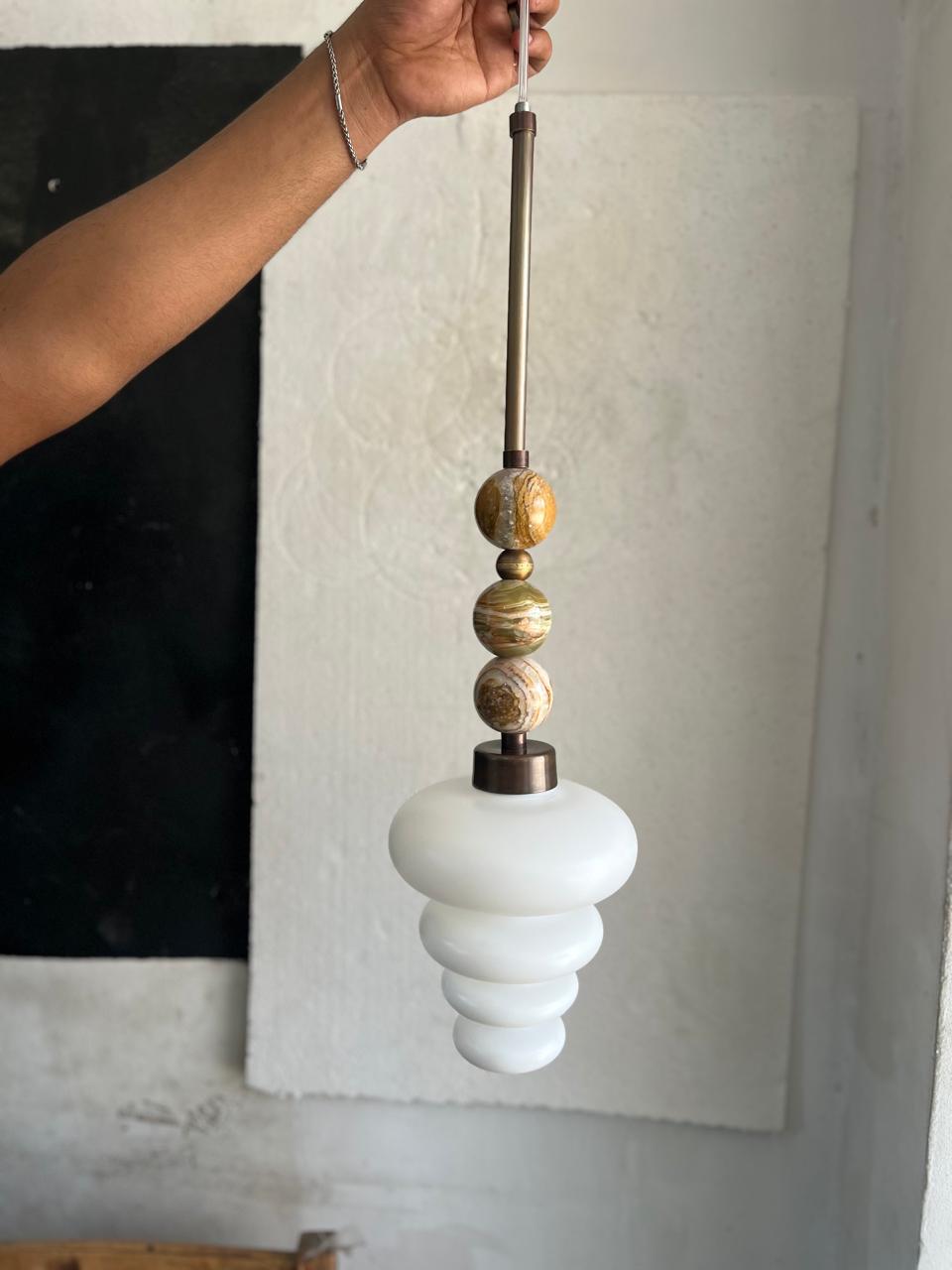 Blown Glass Pendant Light – Modern onyx stones and Brass Hanging Lamp