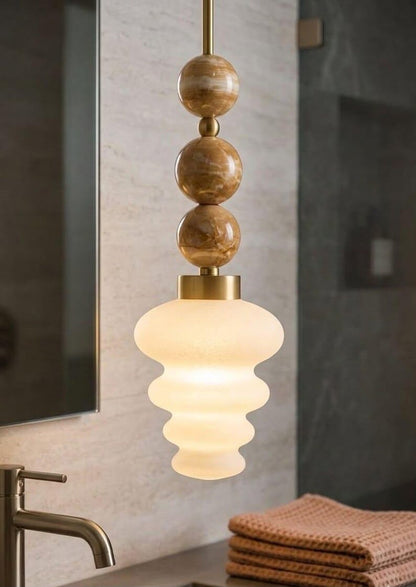 Blown Glass Pendant Light – Modern onyx stones and Brass Hanging Lamp