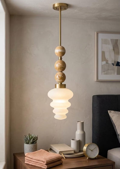 Blown Glass Pendant Light – Modern onyx stones and Brass Hanging Lamp