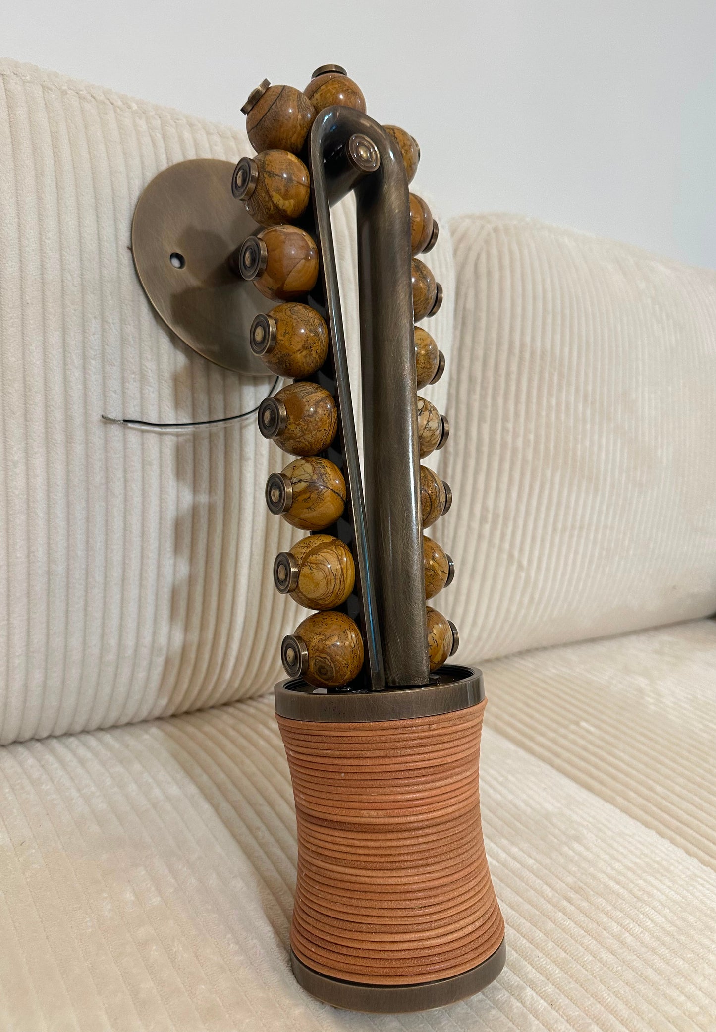 Artisan Wall Sconce in Vintage Bronze with Natural Jasper Stone & Leather Details - Les Trois Pyramides