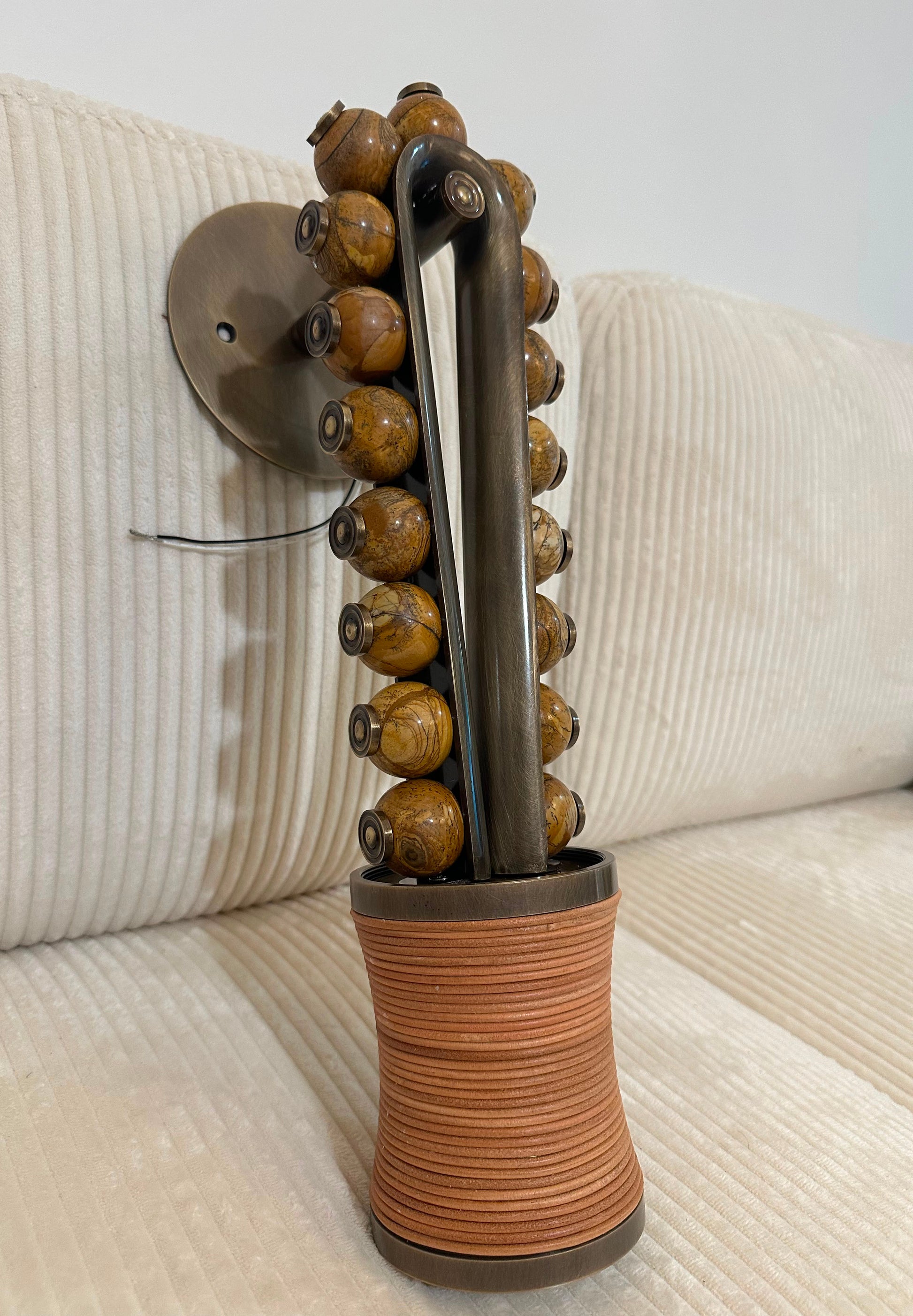 Artisan Wall Sconce in Vintage Bronze with Natural Jasper Stone & Leather Details - Les Trois Pyramides