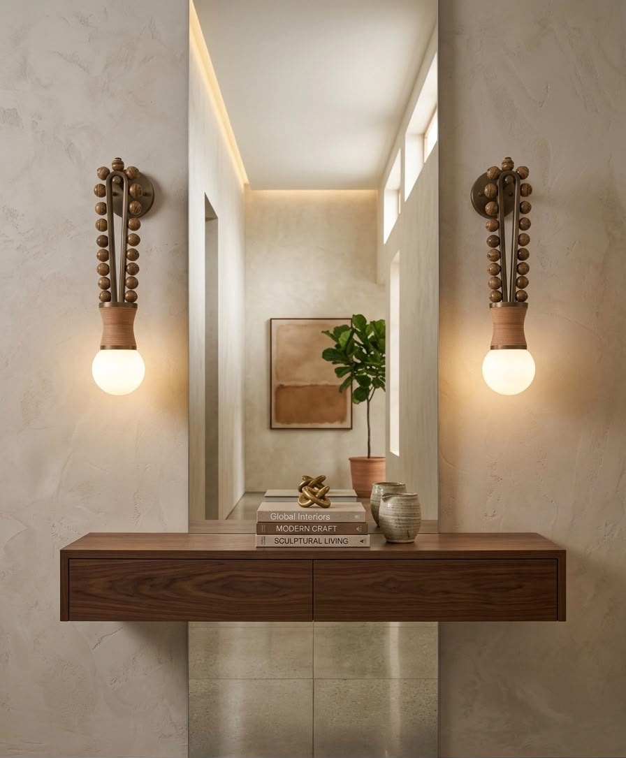 Artisan Wall Sconce in Vintage Bronze with Natural Jasper Stone & Leather Details - Les Trois Pyramides