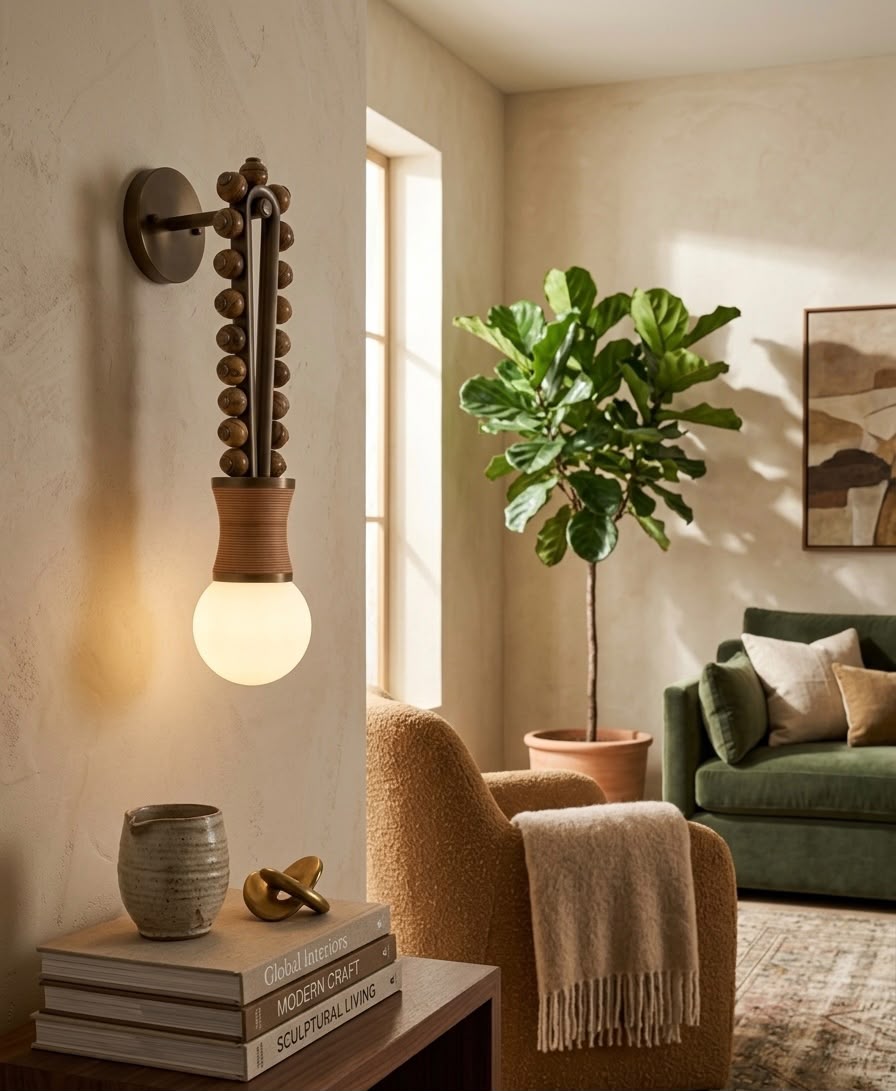 Artisan Wall Sconce in Vintage Bronze with Natural Jasper Stone & Leather Details - Les Trois Pyramides