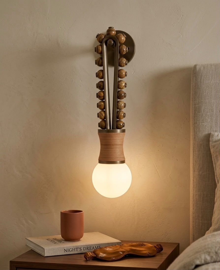 Artisan Wall Sconce in Vintage Bronze with Natural Jasper Stone & Leather Details