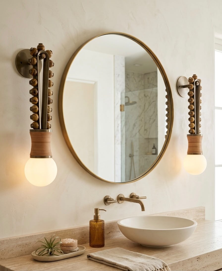 Artisan Wall Sconce in Vintage Bronze with Natural Jasper Stone & Leather Details - Les Trois Pyramides